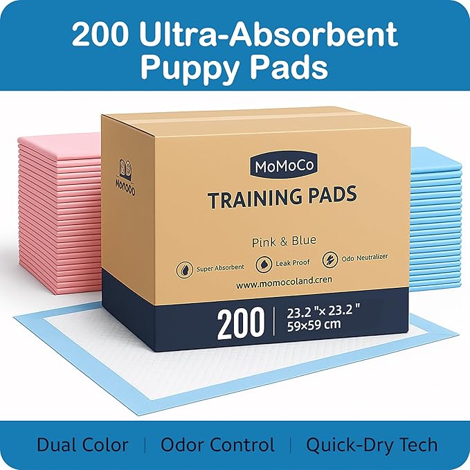 MoMoCo Puppy Pads 23″×23″ Disposable Dog Pee Pads Super Absorbent, Leak-Proof Puppy Training Potty Pads, 200-Count Value Pack (100 Blue + 100 Pink)
