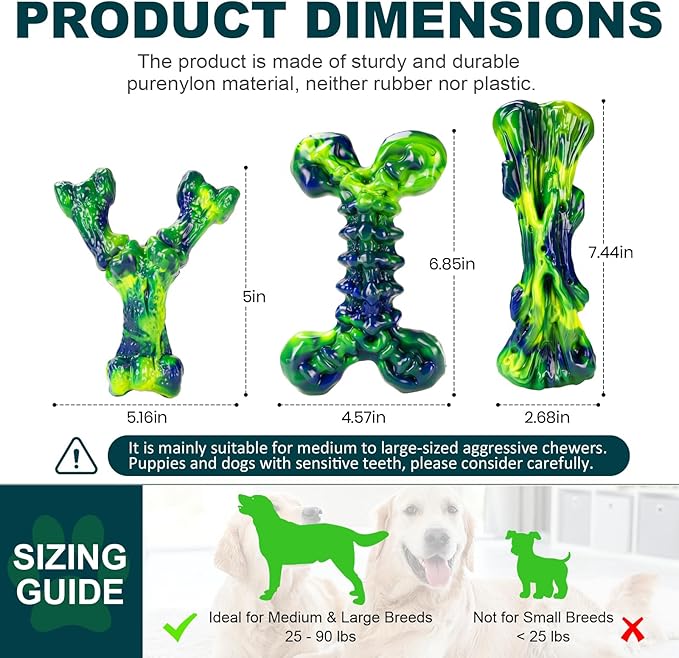 3-Pack Indestructible Dog Chew Toys for Aggressive Chewers, Peanut Butter Nylon Bones for Medium Large Dogs (25-90 lbs), Dental Chews for Boredom & Anxiety, St. Patrick's Day Gift (Lucky Green)