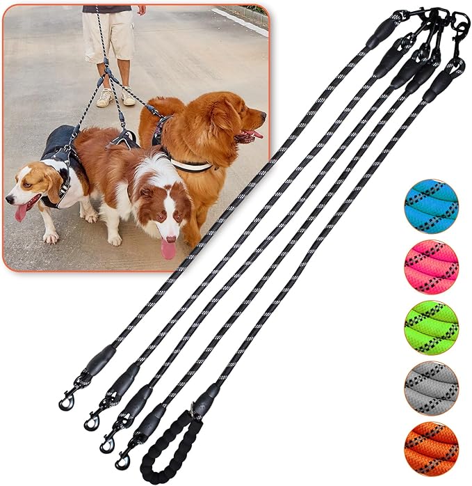 4 Way No Tangle Dog Leash - 360° Swivel Leash for Four Dogs, Reflective Design for Small Medium Large Dogs (Black, 4 Way)