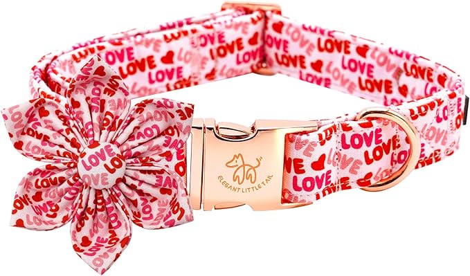 Elegant little tail Valentine's Day Dog Collar, Valentine's Day Dog Collar with Flower, Heart Dog Collar Cute Girl or Boy Dog Collar Flower Pet Gift Adjustable Dog Collar for Large Dogs