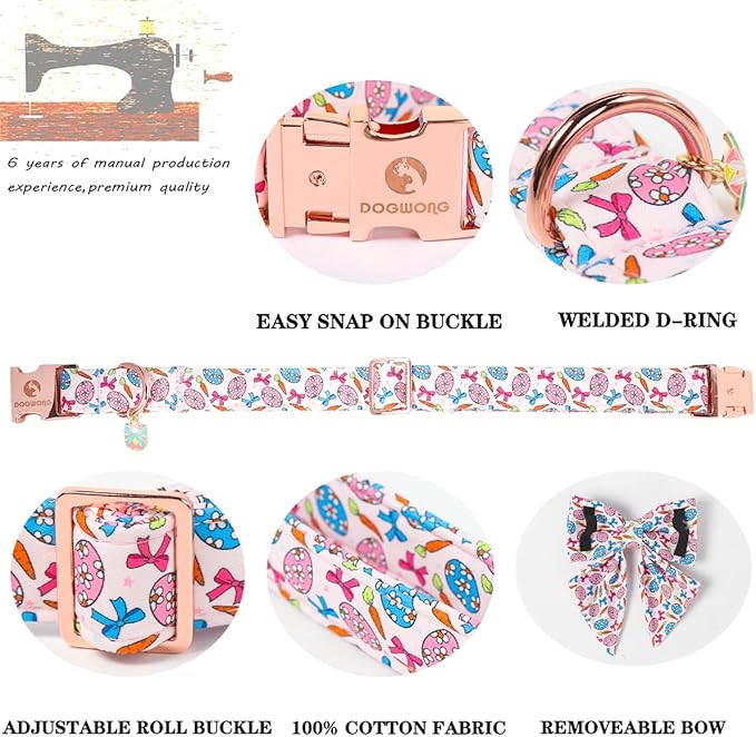 DOGWONG Pink Easer Dog Collar with Sailor Bow,Easter Egg Dog Collar, Adjustable Durable Soft Easter Carrot Dog Collars for Male Female Puppy,M