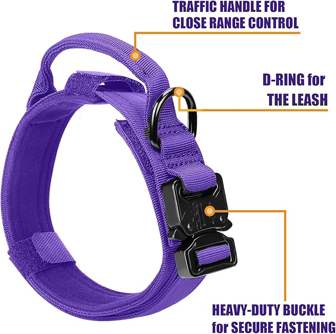 Tactical Dog Collar Military Dog Collar Adjustable Nylon Dog Collar Heavy Duty Metal Buckle with Handle for Dog Training,with Patches(Purple, M)