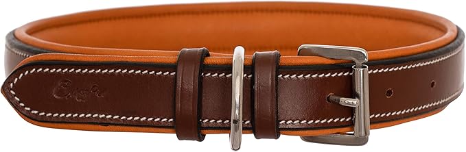 Exion Geniun Leather Dog Collar Designer Stitched Soft Leather Padded- Suitable for Small Medium Large X-Large Dogs for Walking Running- Oak Brown with Conker Padding
