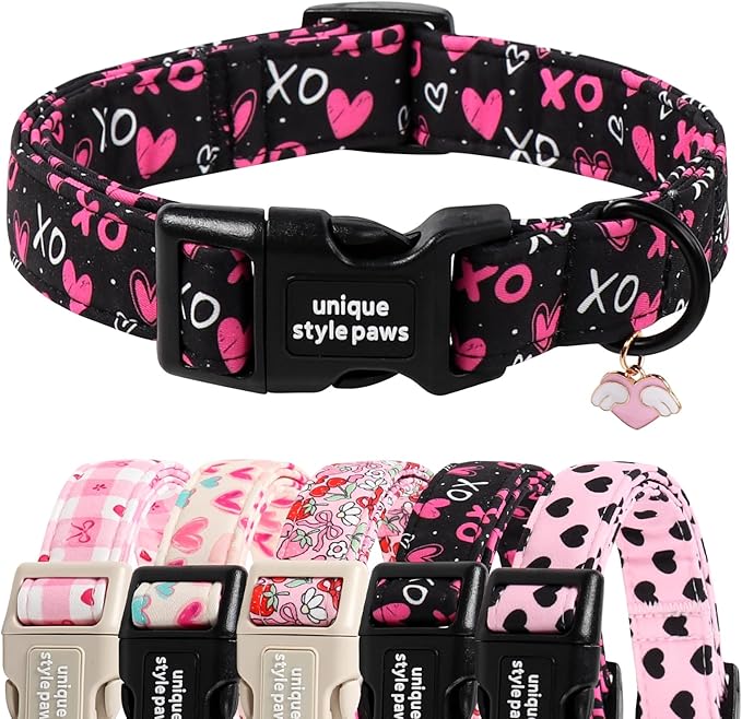 Unique Style Paws Valentine Dog Collar Plastic Buckle with Pendant BlackBerry Love Heart Cotton Puppy Collars for Small Medium Large Dogs