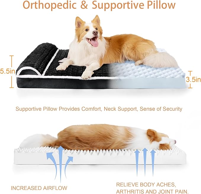 Orthopedic XL Dog Bed Large Sized Dog with Pillow 42''X28'', Waterproof Soft Comfortable Egg Crate Foam Pet Crate Beds Mat with Removable Washable Cover and Non-Slip Bottom, Black