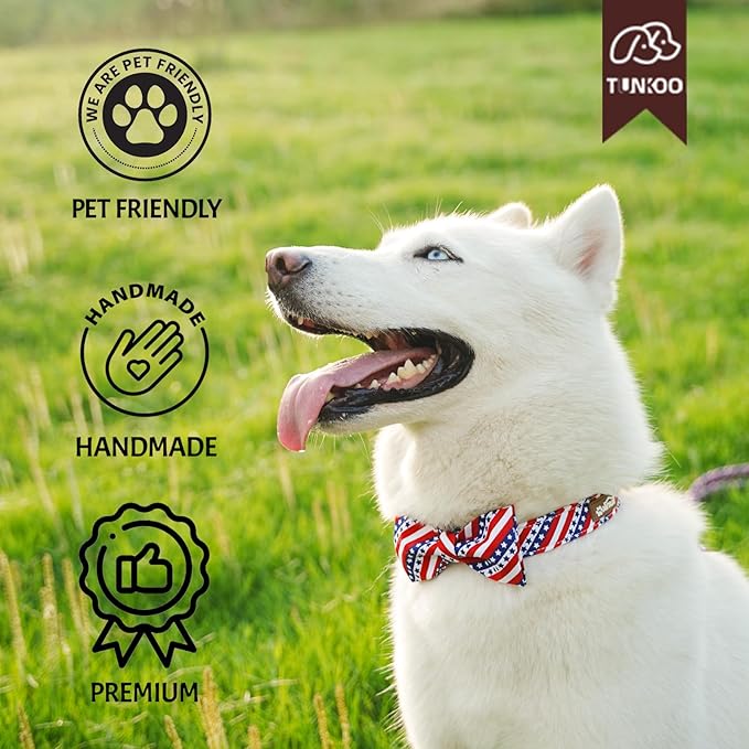 Tunkoo American Flag Dog Collar with Cute Bow Tie 4th of July Cotton Collar Adjustable Durable for Outside Small Medium Large Boys Girls Dogs, M
