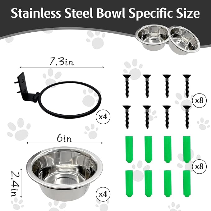 Hamiledyi 4 Pack Wall Mounted Elevated Dog Bowls - Adjustable Height Stainless Steel Raised Food & Water Bowls with Collapsible Stand for Medium & Large Dogs & Cats (M)