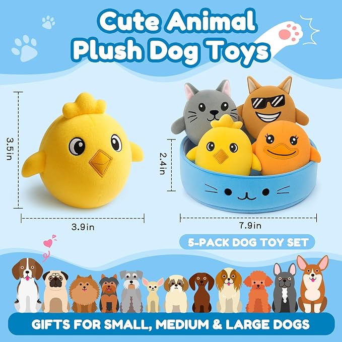 Squeaky Dog Toys – 5-Pack Soft Stuffed Plush Dog Toys with Squeakers for Small, Medium, and Large Dogs, Indoor Play Set to Keep Them Busy