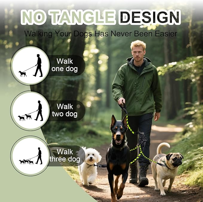 No Tangle 3 Dog Leash -Main Lead Rope with Padded Handle, Three Detachable Leash Splitters, Heavy-Duty Clip, 4.76ft for Walking, Running, Small, Medium, Large Dogs (Green)