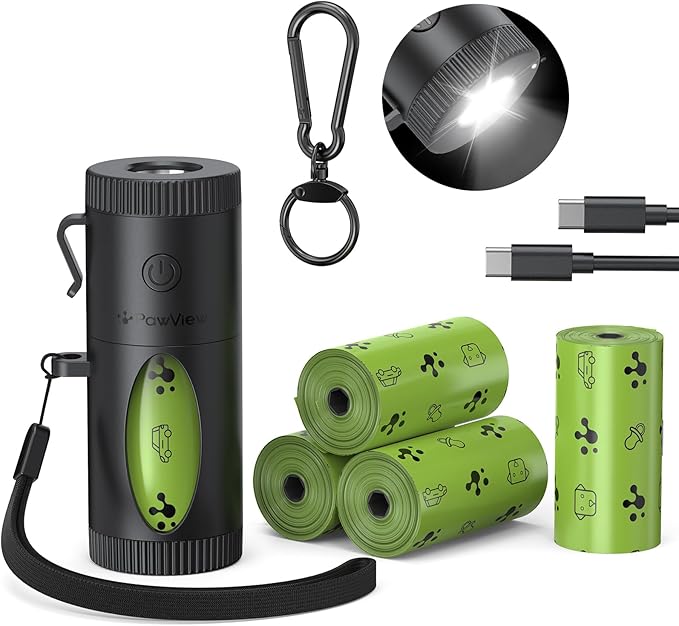 Dog Poop Bag Holder with 4 Modes Flashlight Rechargeable, Smart Dispenser with Used Bags Hook & Retractable Bags Design, Dog Walking Accessory with Carabiner Clip Fits Any Leash (60 Bags Included)