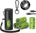 Dog Poop Bag Holder with 4 Modes Flashlight Rechargeable, Smart Dispenser with Used Bags Hook & Retractable Bags Design, Dog Walking Accessory with Carabiner Clip Fits Any Leash (60 Bags Included)