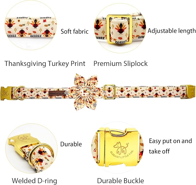 Elegant Thanksgiving Turkey Print Dog Collar with Flowers for Medium Dogs