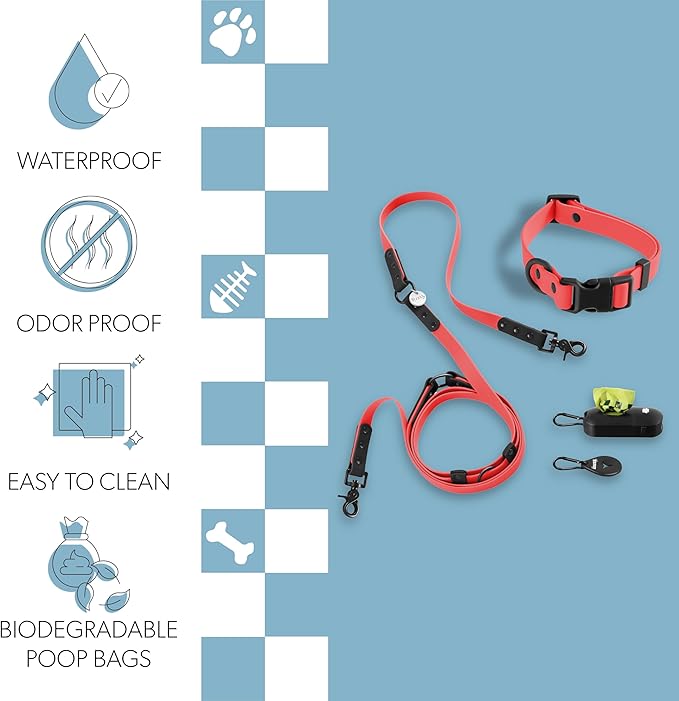 WLK1005M-5SET Luna Medium 8FT Adjustable 6-in-1 Waterproof Hands-Free Leash and Collar with LED Flashlight, Bag Dispenser, and Poop Bag Holder, Shirley