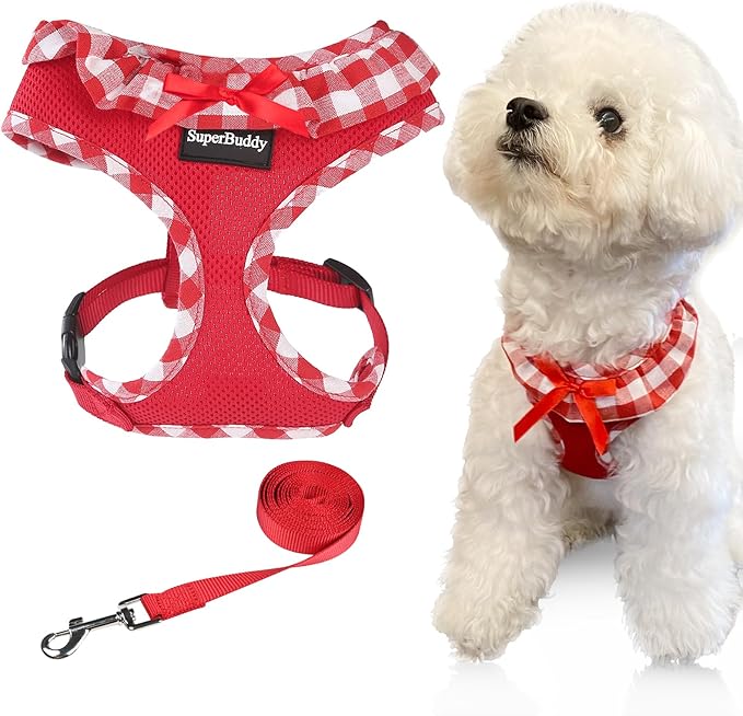 SuperBuddy Upgraded Soft Mesh Dog Harness, Super Breathable Lightweight Pet Harnesses for Puppy Dogs Outdoor Walking, Red Dog Harness and Dog Leash Set Packing -Small