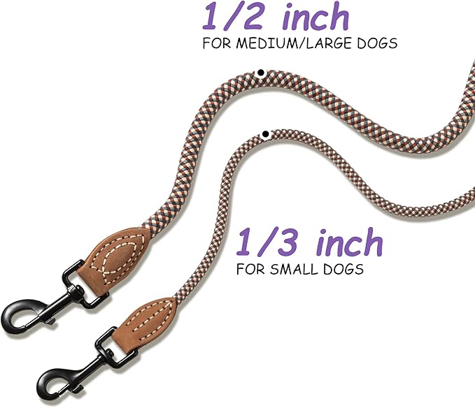 Mile High Life Small Dog Leash, Thin Rope Leash with Genuine Leather Connection and Heavy Duty Metal Clasp, Great for Small Medium Dogs(Brown,60 Inch-1/3)