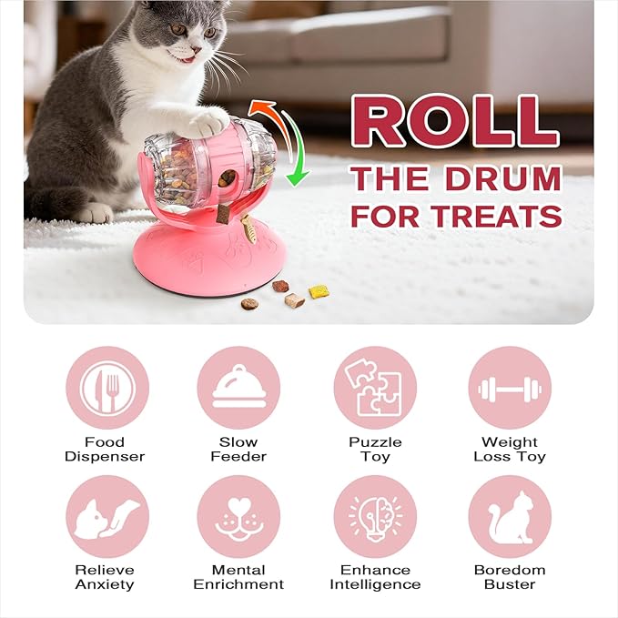 Cat Slow Feeder Toy, Adjustable Difficulty Puzzle Toy with Rotating Lid - Interactive Mental Stimulation Food Dispenser for Indoor Cats, Slows Down Eating for Dry Food & Treats (Pink)