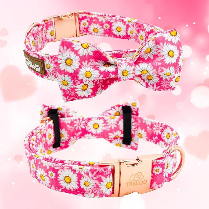 Tunkoo Pink Daisy Dog Collar with Cute Flower Bow Tie, Adjustable Premium Cotton Collar Durable Metal Buckle for Small Medium Large Boys Girls Dogs, L