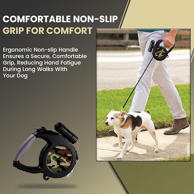 Camo Dog Leash - 26ft Retractable with Flashlight - Medium to Large Dogs