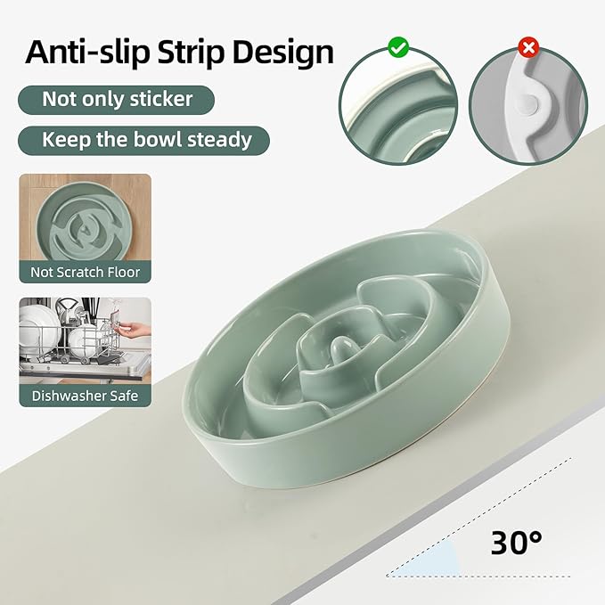 Ceramic 1.2 Cup Slow Feeder Dog Bowl for Medium and Small Breed, 7.3inch Puzzle Dog Food Dish, Anti-Gulping, Stop Bloat, Preventing Choking (Single Bowl-Light Green)