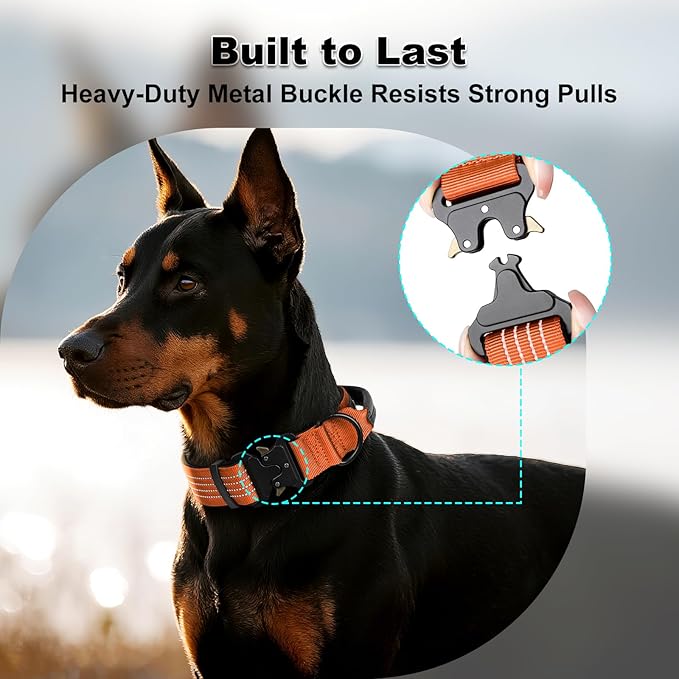 Plutus Pet Tactical Dog Collar with Tracker Pocket for AirTag, Adjustable Reflective Nylon Collar, Metal Buckle, Leather-Wrapped Handle, Soft Padded for Medium Large Dogs (Orange, M)