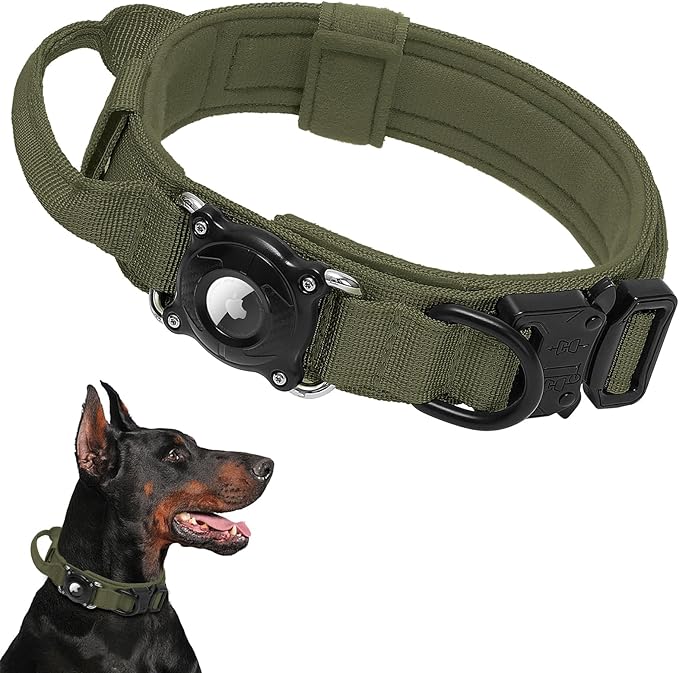 QR Code & AirTag Tactical Dog Collar, Waterproof AirTag Holder with Smart ID Tag, No-App Online Profile for Lost Pet, Padded Adjustable for Medium Large Dogs (Green,XL)