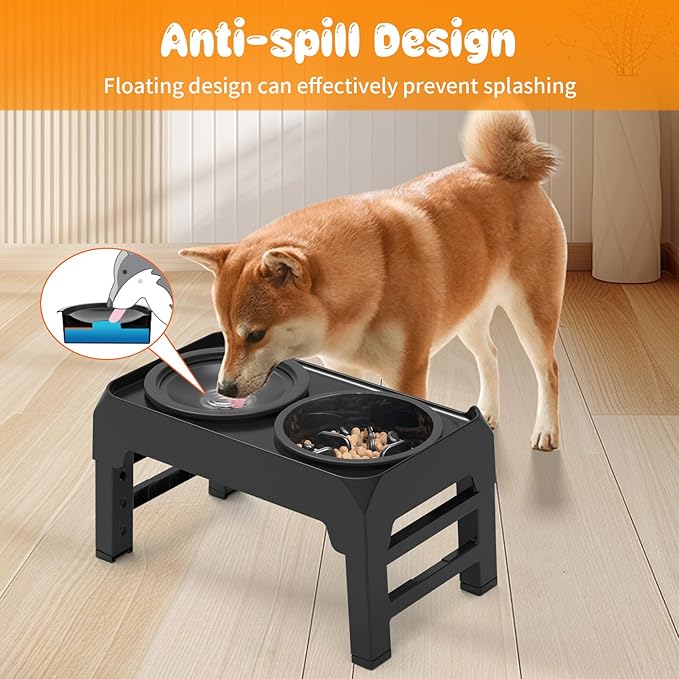 URPOWER 2-in-1 Elevated Dog Bowls Mess Proof Slow Feeder with No Spill Water Bowl 4 Height Adjustable Raised Dog Bowl Non-Slip Food and Water Bowls Set for Small Medium Large Dogs