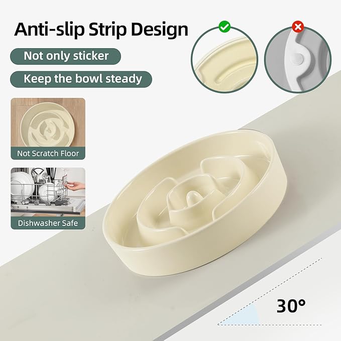 Ceramic 1.6 Cup Slow Feeder Dog Bowl for Medium and Large Breed, 8.2inch Puzzle Dog Food Dish, Anti-Gulping, Stop Bloat, Preventing Choking (Single Bowl-Beige)