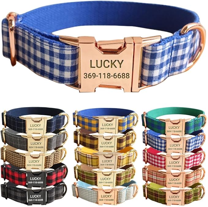 PETDURO Personalized Gingham Plaid Dog Collar Blue - Engraved Name and Phone Number on Rose Gold Metal Buckle - Custom for Small Medium Large Boy Girl Dogs - Add Leash Bow Tie via Customize Now