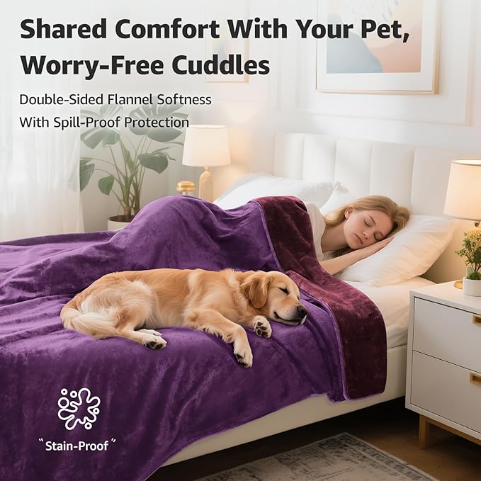 LOOBANI Waterproof Blanket for Bed: Reversible Soft Flannel Queen Bed Blanket 80" x 90", Waterproof Dog Blankets for Large Dogs, Spill-Proof Cover for Furniture Protection, Movie Time, Purple
