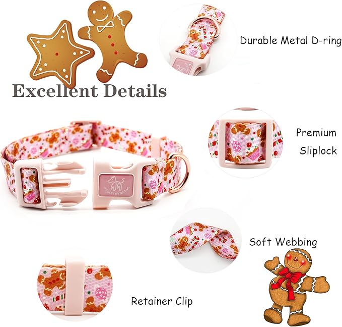 Elegant little tail Dog Collar with Leash, Pink Gingerbread Man Pet Collar Leash Adjustable Collar for Small Medium Large Dogs Soft Puppy Collars with Quick Release Buckle Girl Boy Dog Collars