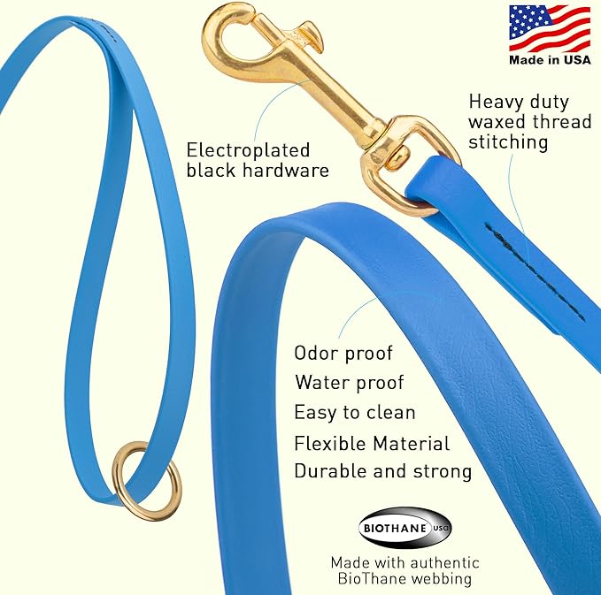 Viper Biothane K9 Working Dog Leash Waterproof Lead for Tracking Training Schutzhund Odor-Proof Long Line with Solid Brass Snap for Puppy Medium and Large Dogs 6ft, Cerulean Blue