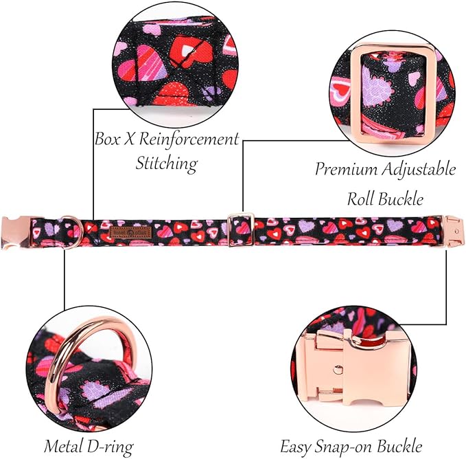 Lionet Paws Valentines Dog Collar Bowtie, Dog Bowtie Collar with Metal Buckle for Dogs, Adjustable Fabric Black Dogs Collars Girl Boy, M, Neck 13.5-22 in