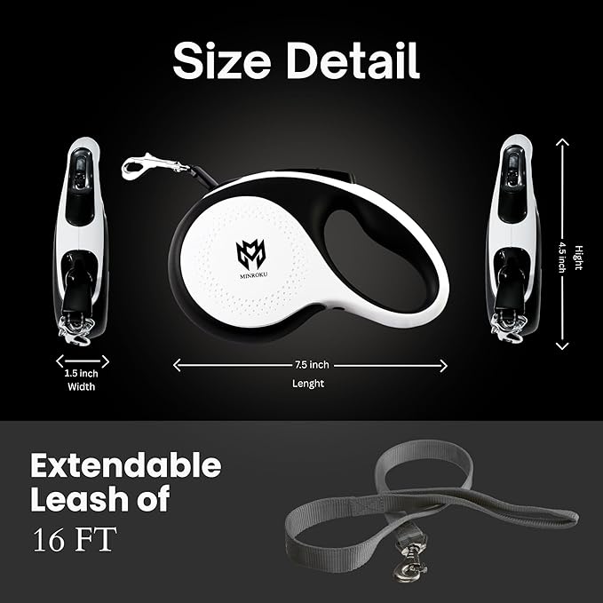 Retractable Dog Leash with LED Light – 360° Tangle-Free 16ft Heavy - Duty Nylon Tape Leash | One-Hand Brake, Pause & Lock System | Medium Dogs (White)