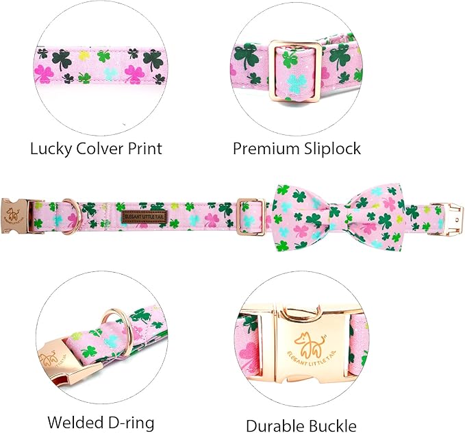 Elegant little tail St Patrick's Dog Collar, Lucky Colver Cotton Shamrock Pet Collar Trefoil Puppy Collar Bow Holiday Adjustable Cotton Pet Collar with Bow for Small Medium Large Dogs