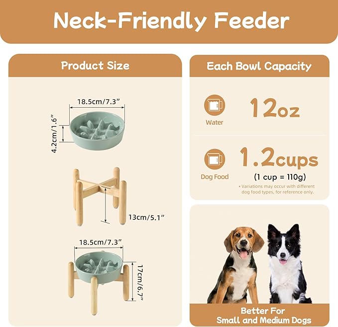 Ceramic 1.2 Cup Dog Raised Slow Feeder Set, Elevated Bowl with Wooden Stand for Medium and Small Dog, 7.3inch Slow Feeder Dish for Fast Easters(Light Green, Single Bowl+ Stand)