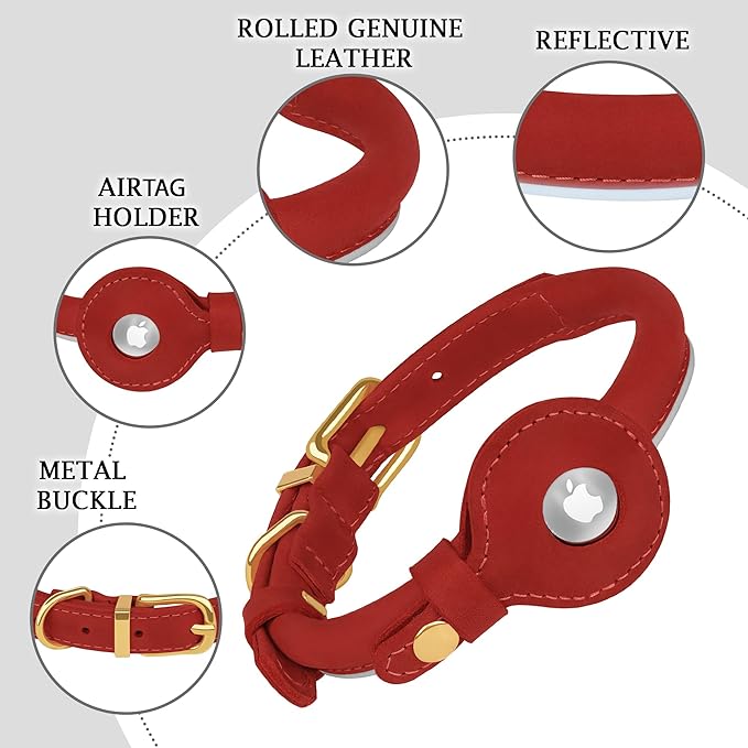 OOPSDOGGY Rolled Leather Dog Collar with Airtag Holder - Reflective Round Airtag Dog Collar - Soft Tracking Pet Collar for Small Dogs Puppy Cats Kitten (Red, XS, 8"-11")