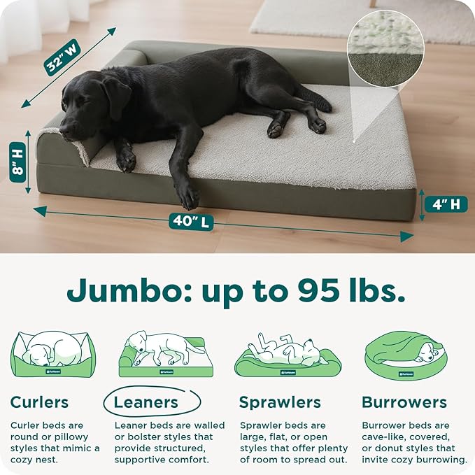 FurHaven Cooling Gel Dog Bed for Large Dogs, L-Shaped Chaise with Cool Gel-Top Foam with a Solid Orthopedic Foam Base for Joint Support, Washable Cover, Jumbo XL, Plush Faux Fur & Suede, Dark Sage
