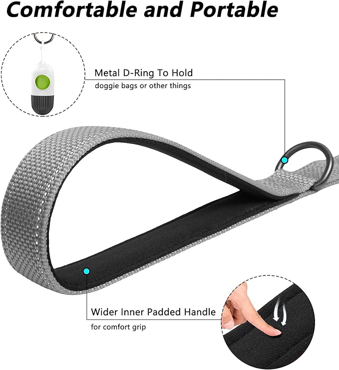 PetiFine 4FT Heavy Duty Dog Leash with Soft Padded Double Handle, Durable Strong Clasp Dog Leashes, Reflective Nylon Walking Lead for Large,Medium,Small Breed Dogs, Grey
