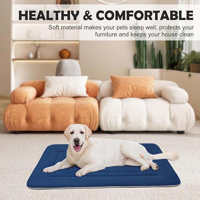 JoicyCo Dog Bed Soft Dog Crate Bed Pad Mat, 48 in Non Slip Bottom Washable Beds for Extra Large Dogs, Pet Bed Mattress Kennel Pad, Dark Blue