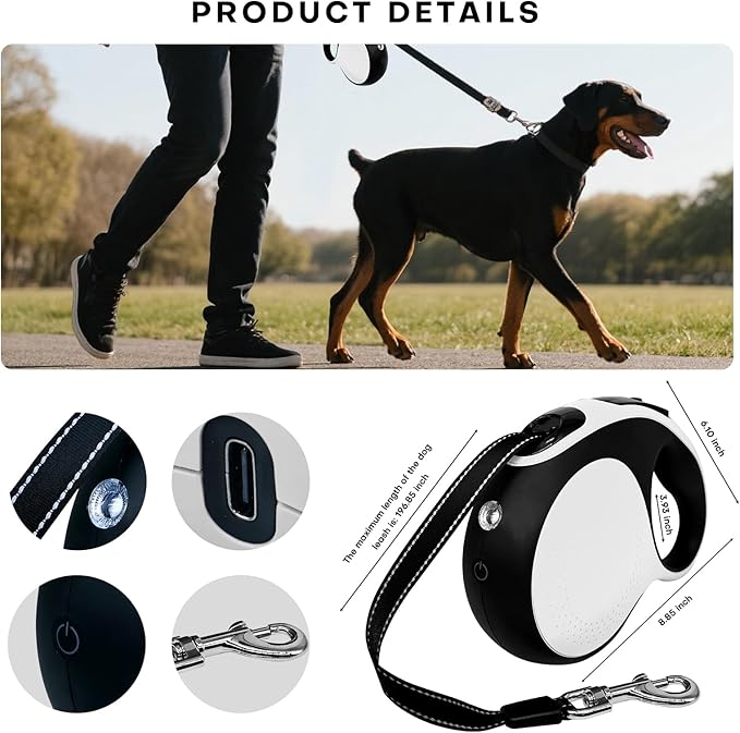 Retractable Dog Leash with LED Light Rechargeable,16Ft Heavy Duty Dog Leash for Medium Large Dogs up to 110lbs,360°No Tangle,One-Handed Brake,Pause,Lock(White)