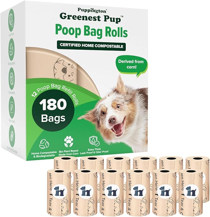 Puppington Certified Home Compostable Poop Bags - ASTM D6400 Compliant - 180 Extra Thick Bags - Plant Based - Pairs with Puppington 3-in-1 Bag & Fits all Standard Poop Bag Dispensers (Vanilla Cream)