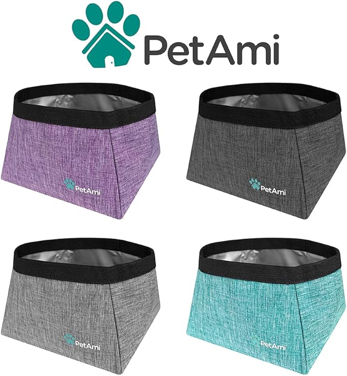 PetAmi Collapsible Dog Travel Bowls, Large Lightweight Foldable Bowl, Water Food Bowls for Pets Dogs for Hiking, Camping, Backpacking, Kibble, 2 Pack (Purple, Grey)
