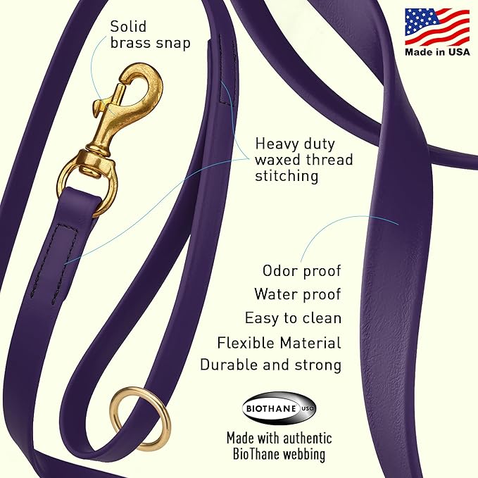 Viper Biothane K9 Working Dog Leash Waterproof Lead for Tracking Training Schutzhund Odor-Proof Long Line with Solid Brass Snap for Puppy Medium and Large Dogs 6ft, Violet Purple