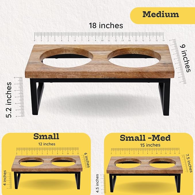 Elevated Dog Bowls, Medium 5.2 Height Mango Wood Raised Dog Bowl Iron Stand Frame with 64oz 2 Pcs Stainless Steel Pets Dishes, Food & Water 8Cup, 1.9L Capacity Nonslip Cat Feeding Station