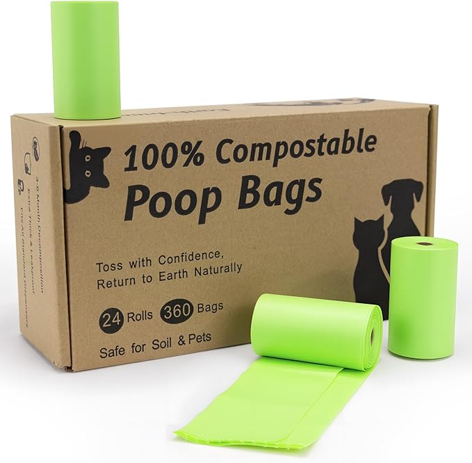 Loveishere 100% Compostable & Biodegradable Poop Bags (Green), Certified by ASTM D6400 and EN 13432, 20 Micron Thick, Guaranteed Leak Proof (360 Bags, 24 Rolls)