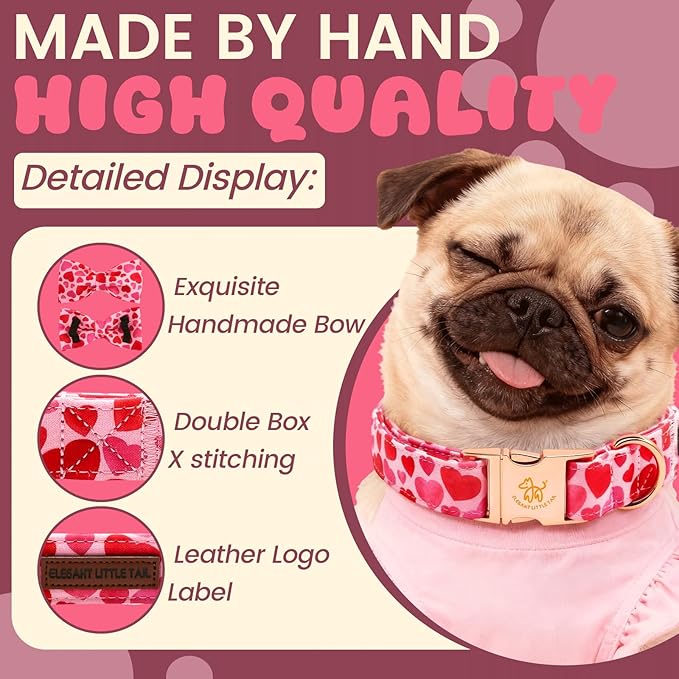 Elegant little tail Valentine's Dog Collar - Pink Red Heart Dog Collars Bowtie Pet Collars with Sturdy Metal Buckle Cute Bow Puppy Adjustable Collar for X-Small Dogs