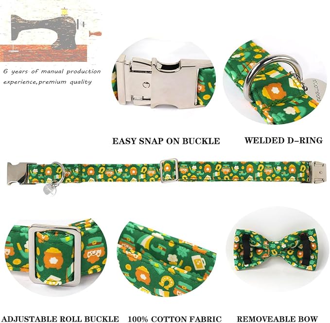 DOGWONG St Patrick Dog Bow Tie with Collar, Irish Holiday Shamrock Lucky Dog Collar for Boys and Girls Large Medium Pets Puppies