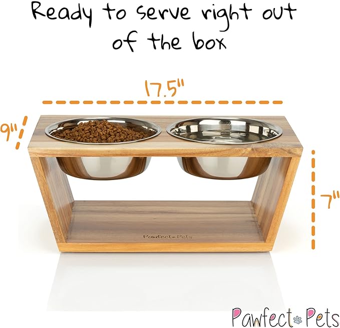Pawfect Pets Elevated Dog Bowl Stand- 7" Raised Dog Bowl for Medium Dogs. Pet Feeder with Four Stainless Steel Bowls (Acacia)