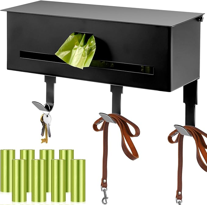 Blulu Wall Mount Dog Poop Bags Dispenser Holder with Hooks Metal 200/300 Single Large Roll Pet Waste Station Bags Dispenser for Outdoor Indoor Home Yard Doggy(Black)