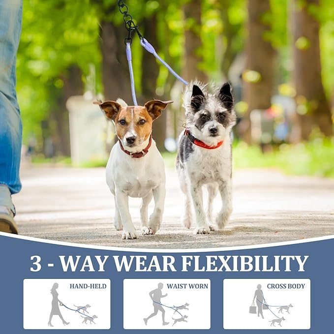 Double Dog Leash No Tangle, Adjustable Split Leads Three Pet Walking Leash with Comfortable Padded Handle for Three Dogs, Hands - Free Three Leashes for Small/Medium Pets (Blue, Three Leashes)